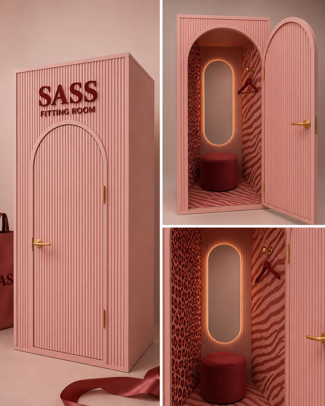AI-generated reference image sent by SASS: a pink ribbed fitting room with an arched door, gold hardware, and a leopard-and-zebra print interior